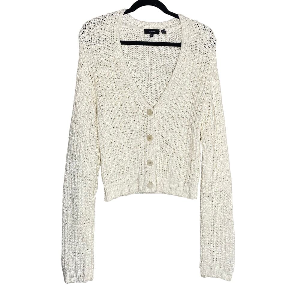 Theory White Cotton Nylon Ribbed Button Up Cardigan Size Medium